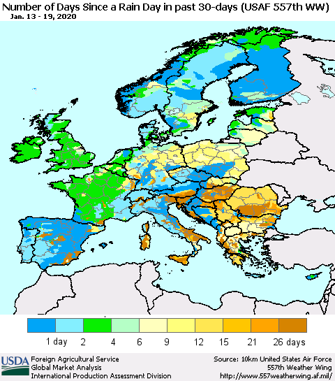 Europe Number of Days Since a Rain Day in past 30 days (USAF 557th WW) Thematic Map For 1/13/2020 - 1/19/2020