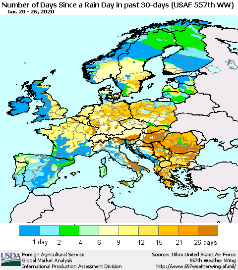 Europe Number of Days Since a Rain Day in past 30 days (USAF 557th WW) Thematic Map For 1/20/2020 - 1/26/2020