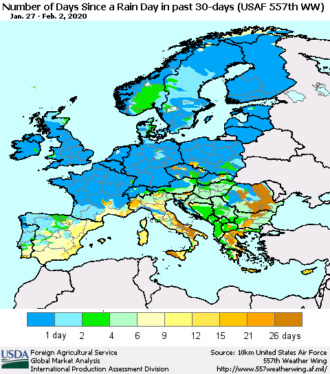 Europe Number of Days Since a Rain Day in past 30 days (USAF 557th WW) Thematic Map For 1/27/2020 - 2/2/2020