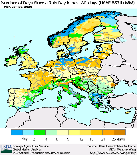 Europe Number of Days Since a Rain Day in past 30 days (USAF 557th WW) Thematic Map For 3/23/2020 - 3/29/2020