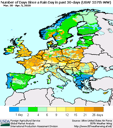Europe Number of Days Since a Rain Day in past 30 days (USAF 557th WW) Thematic Map For 3/30/2020 - 4/5/2020