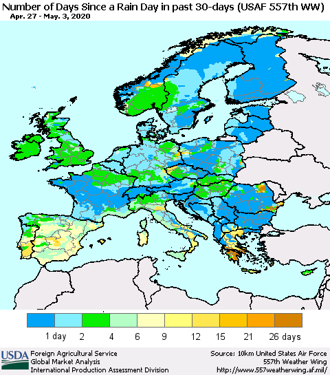 Europe Number of Days Since a Rain Day in past 30 days (USAF 557th WW) Thematic Map For 4/27/2020 - 5/3/2020
