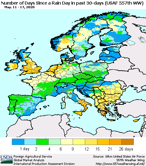Europe Number of Days Since a Rain Day in past 30 days (USAF 557th WW) Thematic Map For 5/11/2020 - 5/17/2020