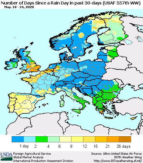Europe Number of Days Since a Rain Day in past 30 days (USAF 557th WW) Thematic Map For 5/18/2020 - 5/24/2020