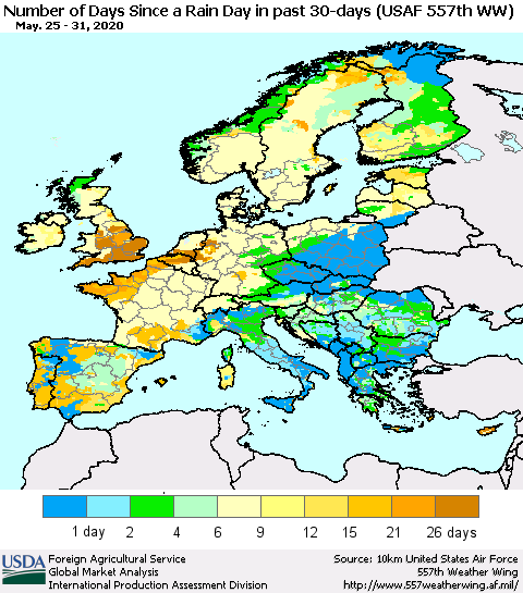 Europe Number of Days Since a Rain Day in past 30 days (USAF 557th WW) Thematic Map For 5/25/2020 - 5/31/2020