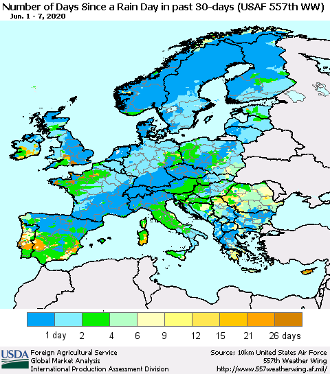 Europe Number of Days Since a Rain Day in past 30 days (USAF 557th WW) Thematic Map For 6/1/2020 - 6/7/2020