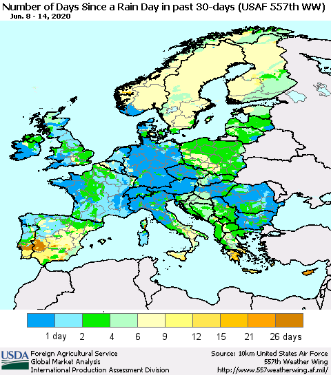 Europe Number of Days Since a Rain Day in past 30 days (USAF 557th WW) Thematic Map For 6/8/2020 - 6/14/2020