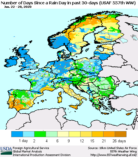 Europe Number of Days Since a Rain Day in past 30 days (USAF 557th WW) Thematic Map For 6/22/2020 - 6/28/2020