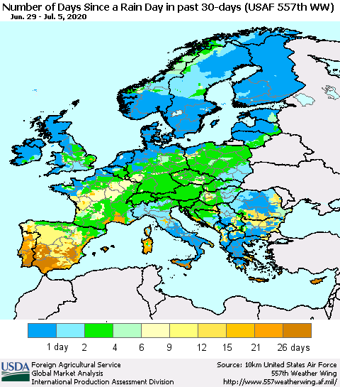 Europe Number of Days Since a Rain Day in past 30 days (USAF 557th WW) Thematic Map For 6/29/2020 - 7/5/2020