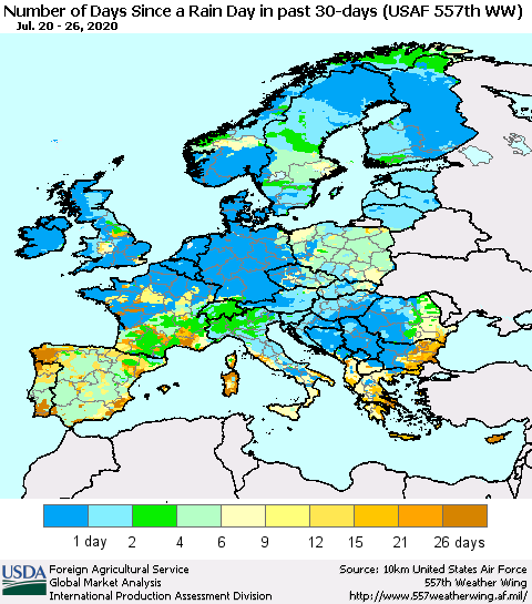 Europe Number of Days Since a Rain Day in past 30 days (USAF 557th WW) Thematic Map For 7/20/2020 - 7/26/2020