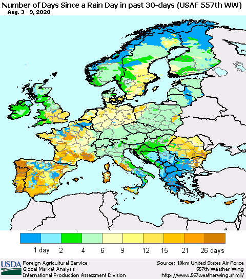 Europe Number of Days Since a Rain Day in past 30 days (USAF 557th WW) Thematic Map For 8/3/2020 - 8/9/2020