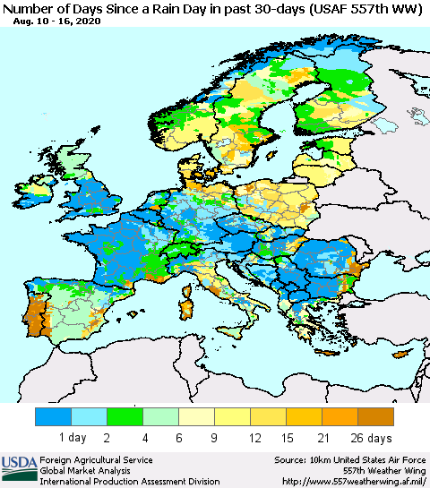 Europe Number of Days Since a Rain Day in past 30 days (USAF 557th WW) Thematic Map For 8/10/2020 - 8/16/2020