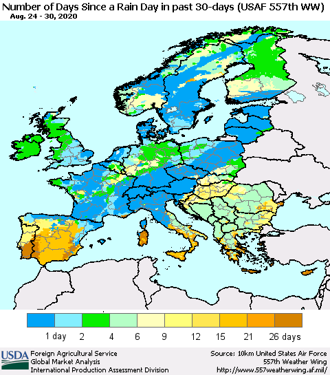 Europe Number of Days Since a Rain Day in past 30 days (USAF 557th WW) Thematic Map For 8/24/2020 - 8/30/2020