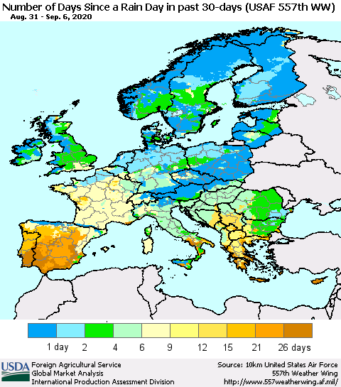 Europe Number of Days Since a Rain Day in past 30 days (USAF 557th WW) Thematic Map For 8/31/2020 - 9/6/2020