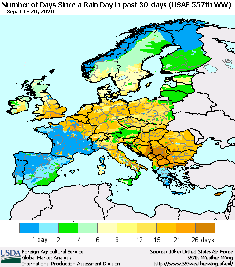 Europe Number of Days Since a Rain Day in past 30 days (USAF 557th WW) Thematic Map For 9/14/2020 - 9/20/2020