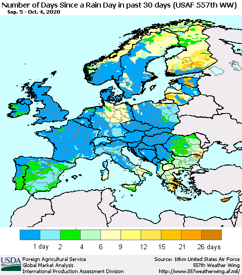 Europe Number of Days Since a Rain Day in past 30 days (USAF 557th WW) Thematic Map For 9/28/2020 - 10/4/2020