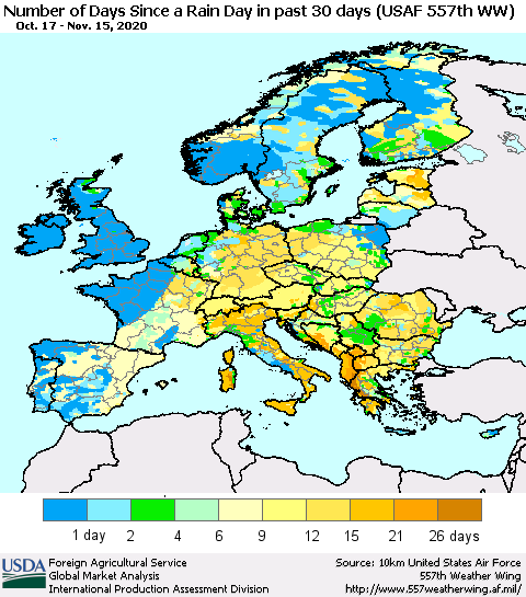 Europe Number of Days Since a Rain Day in past 30 days (USAF 557th WW) Thematic Map For 11/9/2020 - 11/15/2020