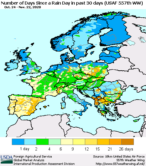 Europe Number of Days Since a Rain Day in past 30 days (USAF 557th WW) Thematic Map For 11/16/2020 - 11/22/2020