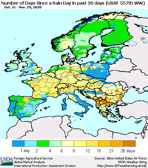 Europe Number of Days Since a Rain Day in past 30 days (USAF 557th WW) Thematic Map For 11/23/2020 - 11/29/2020