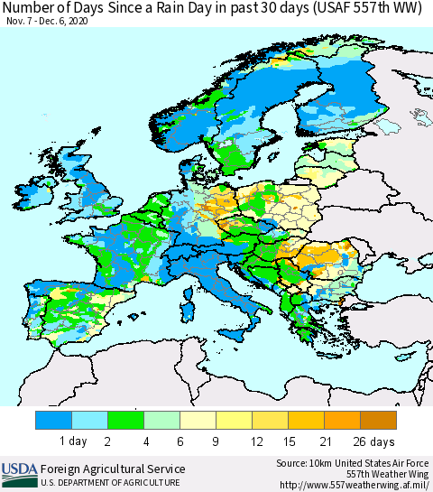 Europe Number of Days Since a Rain Day in past 30 days (USAF 557th WW) Thematic Map For 11/30/2020 - 12/6/2020