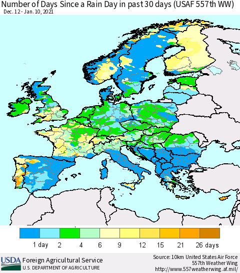 Europe Number of Days Since a Rain Day in past 30 days (USAF 557th WW) Thematic Map For 1/4/2021 - 1/10/2021
