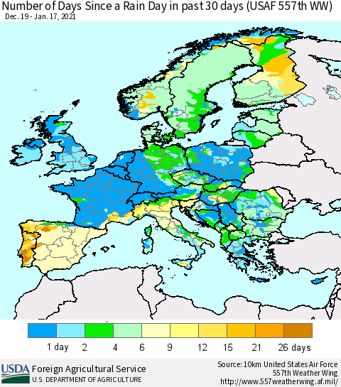 Europe Number of Days Since a Rain Day in past 30 days (USAF 557th WW) Thematic Map For 1/11/2021 - 1/17/2021