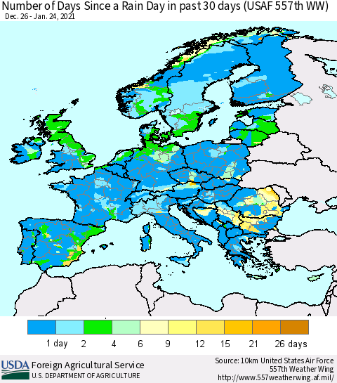 Europe Number of Days Since a Rain Day in past 30 days (USAF 557th WW) Thematic Map For 1/18/2021 - 1/24/2021