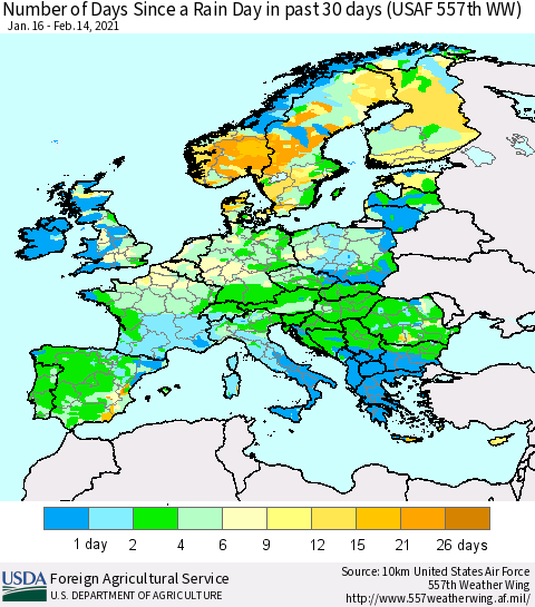 Europe Number of Days Since a Rain Day in past 30 days (USAF 557th WW) Thematic Map For 2/8/2021 - 2/14/2021
