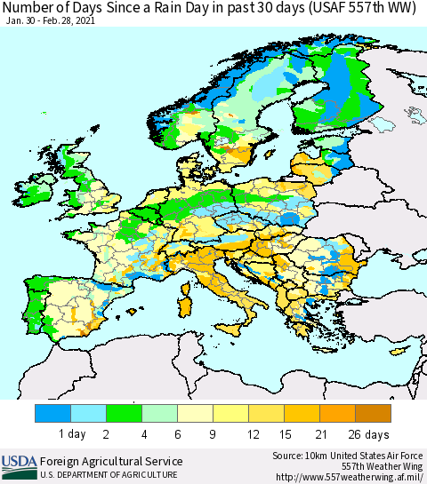 Europe Number of Days Since a Rain Day in past 30 days (USAF 557th WW) Thematic Map For 2/22/2021 - 2/28/2021