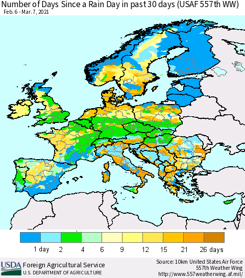 Europe Number of Days Since a Rain Day in past 30 days (USAF 557th WW) Thematic Map For 3/1/2021 - 3/7/2021