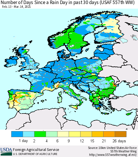 Europe Number of Days Since a Rain Day in past 30 days (USAF 557th WW) Thematic Map For 3/8/2021 - 3/14/2021