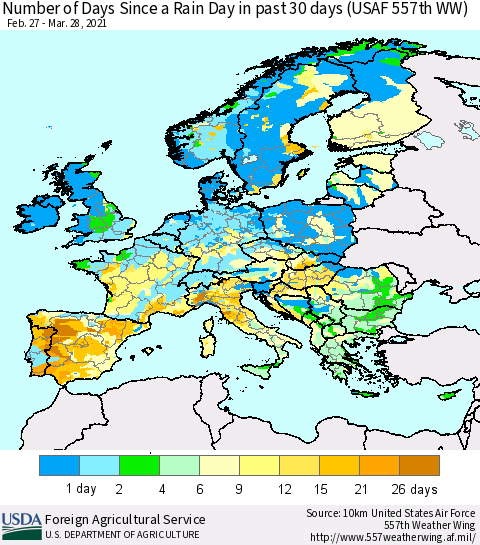 Europe Number of Days Since a Rain Day in past 30 days (USAF 557th WW) Thematic Map For 3/22/2021 - 3/28/2021