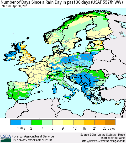 Europe Number of Days Since a Rain Day in past 30 days (USAF 557th WW) Thematic Map For 4/12/2021 - 4/18/2021