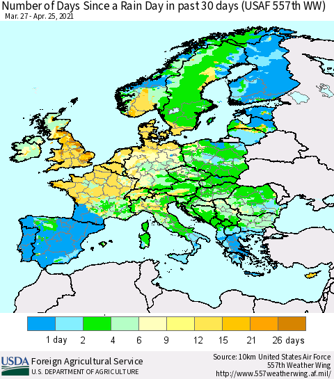 Europe Number of Days Since a Rain Day in past 30 days (USAF 557th WW) Thematic Map For 4/19/2021 - 4/25/2021