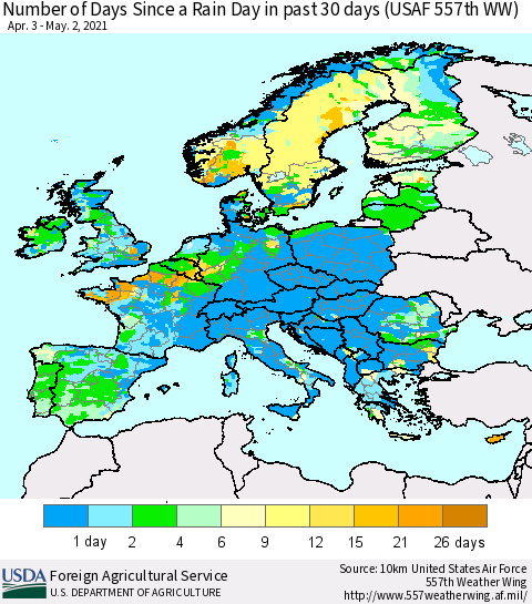 Europe Number of Days Since a Rain Day in past 30 days (USAF 557th WW) Thematic Map For 4/26/2021 - 5/2/2021