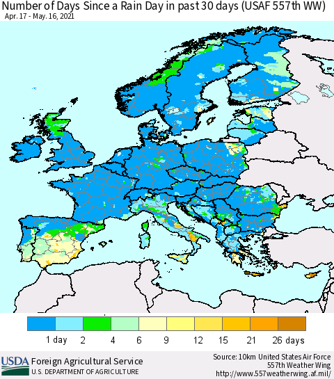 Europe Number of Days Since a Rain Day in past 30 days (USAF 557th WW) Thematic Map For 5/10/2021 - 5/16/2021