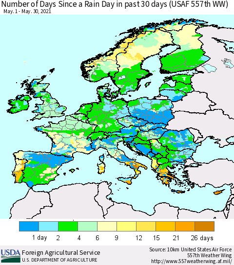 Europe Number of Days Since a Rain Day in past 30 days (USAF 557th WW) Thematic Map For 5/24/2021 - 5/30/2021