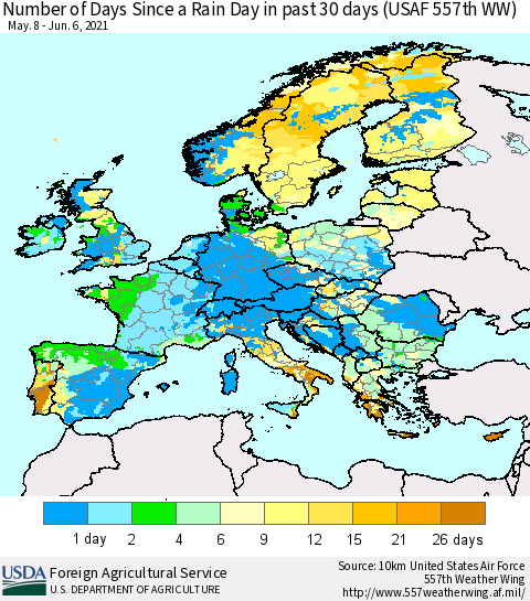 Europe Number of Days Since a Rain Day in past 30 days (USAF 557th WW) Thematic Map For 5/31/2021 - 6/6/2021