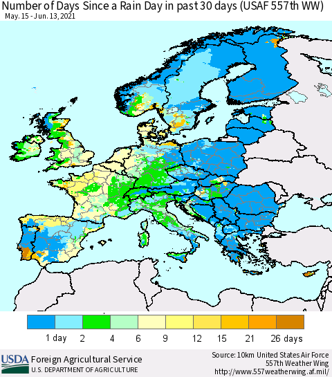 Europe Number of Days Since a Rain Day in past 30 days (USAF 557th WW) Thematic Map For 6/7/2021 - 6/13/2021