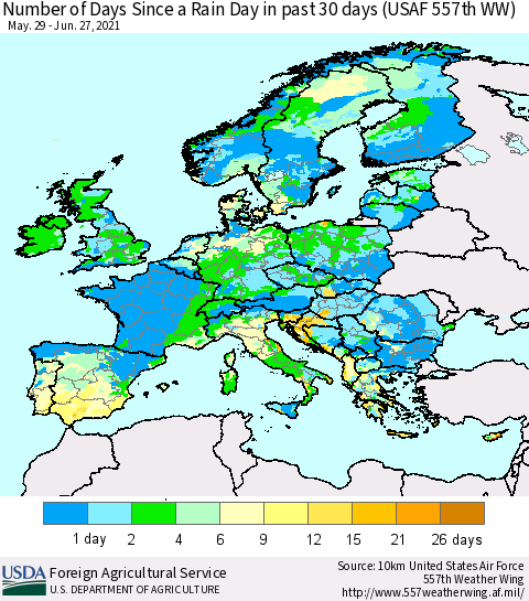 Europe Number of Days Since a Rain Day in past 30 days (USAF 557th WW) Thematic Map For 6/21/2021 - 6/27/2021