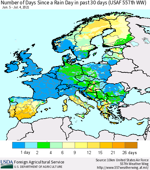 Europe Number of Days Since a Rain Day in past 30 days (USAF 557th WW) Thematic Map For 6/28/2021 - 7/4/2021