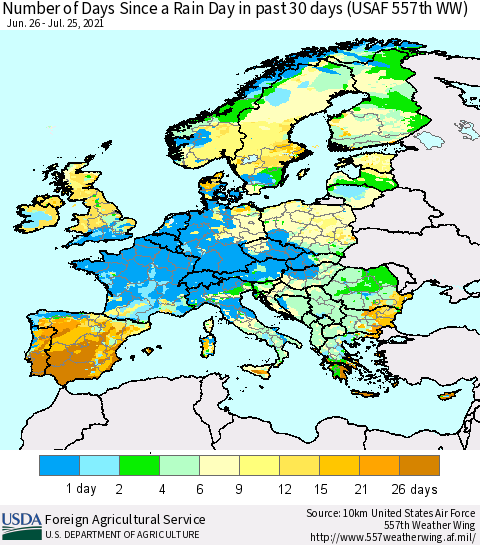 Europe Number of Days Since a Rain Day in past 30 days (USAF 557th WW) Thematic Map For 7/19/2021 - 7/25/2021