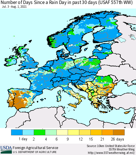 Europe Number of Days Since a Rain Day in past 30 days (USAF 557th WW) Thematic Map For 7/26/2021 - 8/1/2021