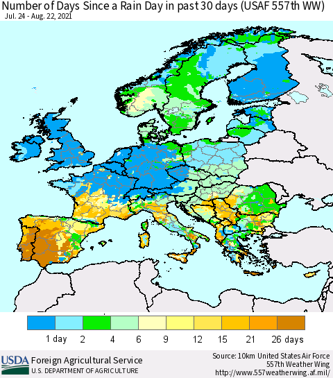 Europe Number of Days Since a Rain Day in past 30 days (USAF 557th WW) Thematic Map For 8/16/2021 - 8/22/2021