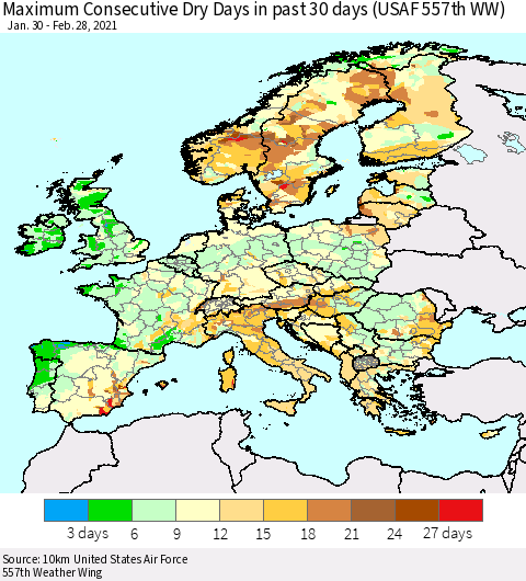 Europe Maximum Consecutive Dry Days in past 30 days (USAF 557th WW) 02/28/2021 Thematic Map For 2/26/2021 - 2/28/2021