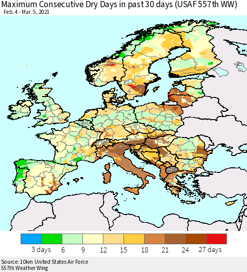 Europe Maximum Consecutive Dry Days in past 30 days (USAF 557th WW) 03/05/2021 Thematic Map For 3/1/2021 - 3/5/2021