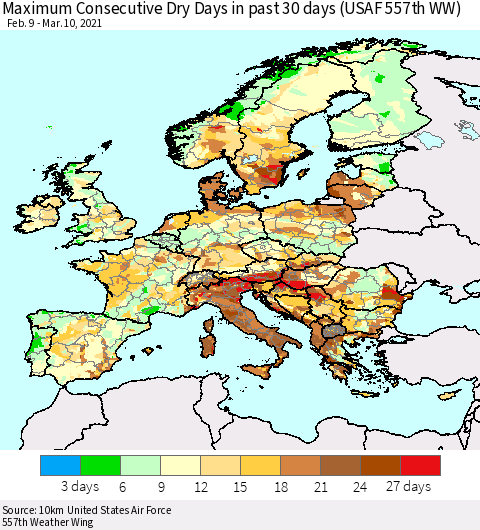 Europe Maximum Consecutive Dry Days in past 30 days (USAF 557th WW) 03/10/2021 Thematic Map For 3/6/2021 - 3/10/2021