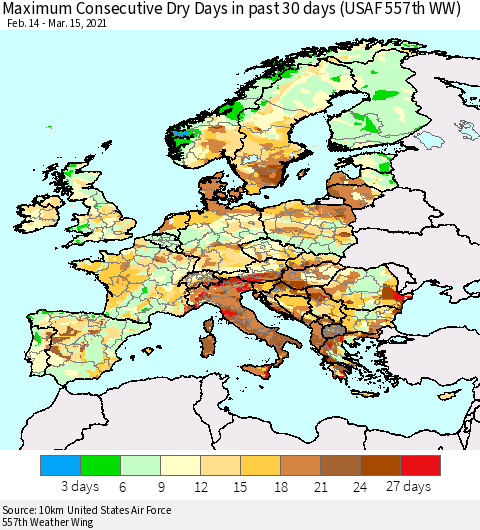 Europe Maximum Consecutive Dry Days in past 30 days (USAF 557th WW) 03/15/2021 Thematic Map For 3/11/2021 - 3/15/2021