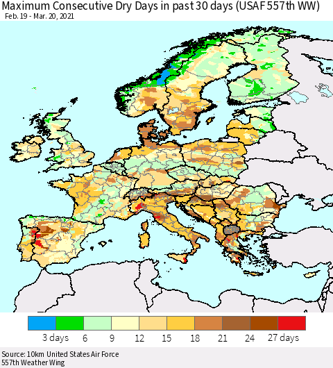 Europe Maximum Consecutive Dry Days in past 30 days (USAF 557th WW) 03/20/2021 Thematic Map For 3/16/2021 - 3/20/2021