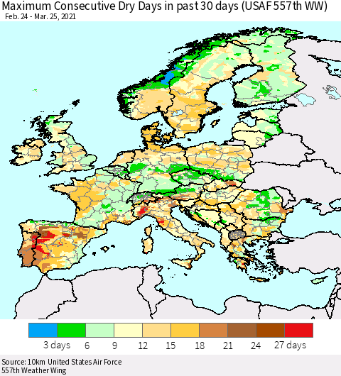 Europe Maximum Consecutive Dry Days in past 30 days (USAF 557th WW) 03/25/2021 Thematic Map For 3/21/2021 - 3/25/2021